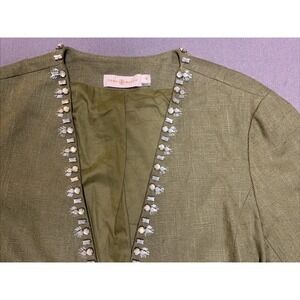 Tory Burch Avery Hills Green Linen Blend Embellished Rhinestone Jacket 10
